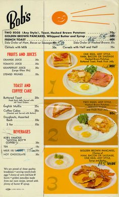 the menu for bob's breakfast restaurant