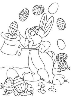 an easter bunny with some eggs in the air and another bunny holding a basket on its back