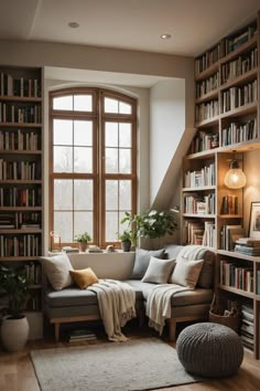 a living room filled with lots of bookshelves next to a window covered in blankets