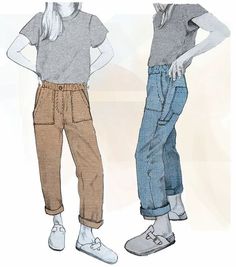 two women's pants and shoes are shown in this drawing, one is wearing grey shirt and the other has blue jeans