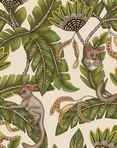 an image of monkeys in the jungle with leaves and flowers on a beige background that is very colorful