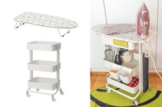 an ironing board and shelf are shown next to each other