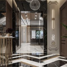 the interior of a luxurious hotel with marble floors