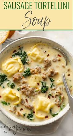 sausage tortellini soup in a white bowl with a spoon. Creamy Sausage Tortellini Soup, Creamy Sausage Tortellini, Crockpot Soup, Crockpot Soup Recipes