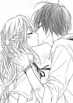 an anime couple kissing each other with their eyes closed and hair blowing in the wind