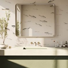 a bathroom sink under a mirror with fish on the wall next to it and a plant