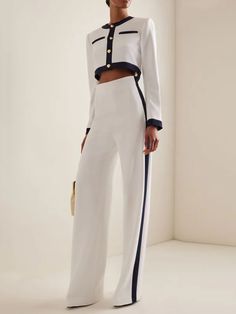 Chic High-Waisted Wide Leg Contrast Color Suit Pants Celana Fashion, Mid Waist Pants, Two Piece Pants Set, Mode Casual, Flare Leg Pants, Looks Chic, Ankle Length Pants, Solid Clothes, Style Elegant