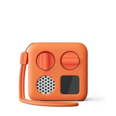 an orange camera with two buttons and a cord attached to the front, on a white background