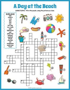 a crossword puzzle with words and pictures to describe the day of the beach on it