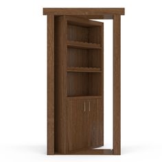 an open wooden bookcase with shelves and doors