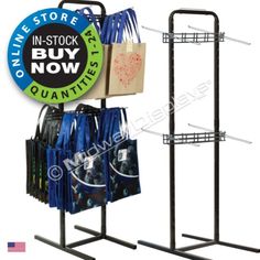 Achieve a sustainable footprint with our Double-Sided Full-View® Bag Rack. Easy access to bags on Loop Hooks designed for most handles for bags, totes, corrugated carriers, and slotted tab fasteners. No tool assembly. This bag rack is made with USA-made metal display parts. 
This bag rack is made with the following USA-made metal display parts:
(1) Universal Punched Black Frame: 1" Sq.Tube 15" W x 62"H
(1) Dbl-sided H-Base: 15" x 24"
(4) Universal Grid Hook Bars: 18"
(8) 10" Loop Grid Hooks Short Bags, Bag Rack, Metal Display, Bag Display, Store Fixtures, Hook Design, Line Store, Reusable Shopping Bags, Reusable Bags