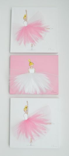 three pink and white pictures with a ballerina