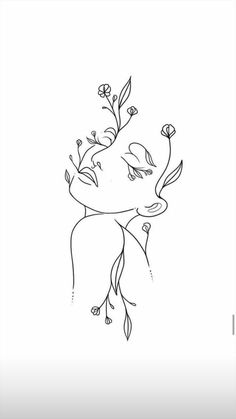 a black and white drawing of a girl with flowers on her head