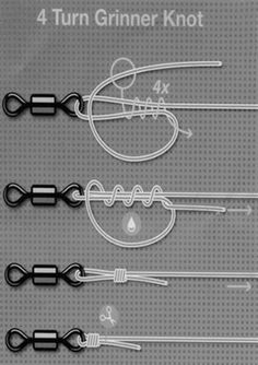 four different types of fishing hooks on a gray background with the words, 4 turn grinder knot