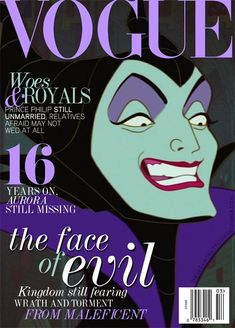 a magazine cover with an evil woman on it's face and the title in purple