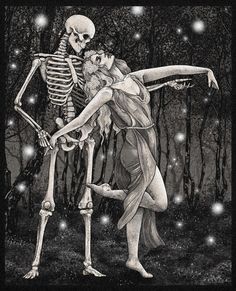 a skeleton and a woman dancing in the woods at night with stars on the sky