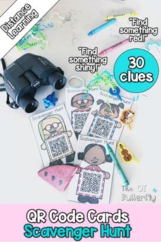 the qr code cards for scavenger hunt is shown with pencils and markers