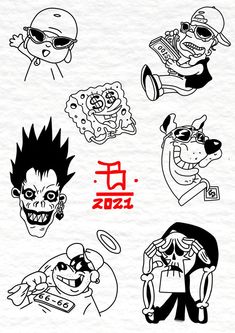 cartoon characters drawn in ink on paper with the chinese character and their names written below them