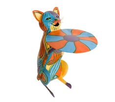 a colorful cat figurine holding a surfboard