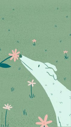 an illustration of a white dog smelling a pink flower on a green background with daisies