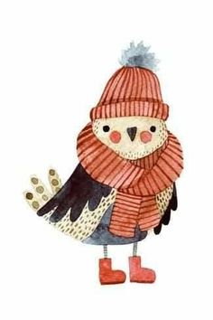 a watercolor drawing of a little bird wearing a knitted hat and mittens