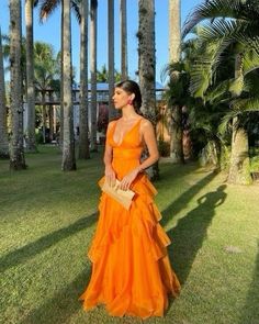 Orange V-neck Dress For Prom, V Neck Formal Dress, Prom Dresses V Neck, Dresses V Neck, Sleeveless Gown, Prom Dress Inspiration, Long Prom Dresses, Prom Dresses Online, Cocktail Evening Dresses