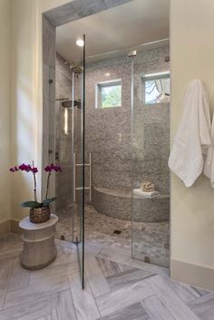 a walk in shower sitting inside of a bathroom