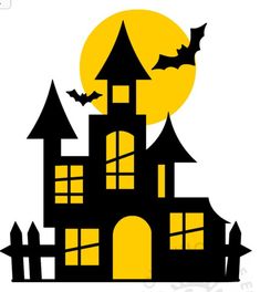 a black and yellow castle with bats on it's roof is shown in front of the full moon