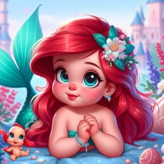 the little mermaid is sitting on her stomach and looking at something in front of her