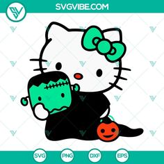 a hello kitty holding a pumpkin on top of it's back, with the words sv