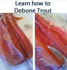 two pictures showing how to cut fish with a pair of tongs on it and the words learn how to debone trout