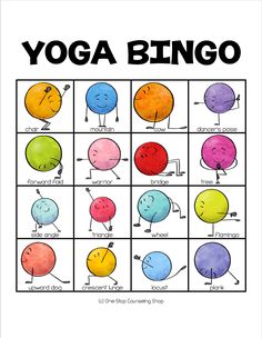 a poster with the words yoga bingo written in black and white, surrounded by different colored balls