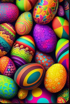 many colorful easter eggs with different patterns and colors on them, all in the same pattern