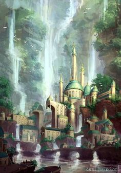 an artistic painting of a castle in the middle of a forest with waterfalls and birds flying over it