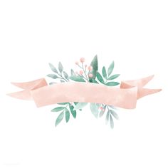 a watercolor painting of flowers and leaves with a pink ribbon on the bottom that says,