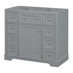 an image of a bathroom vanity with drawers and doors on the front side in grey