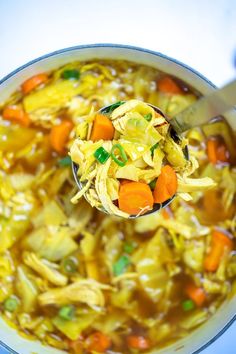 a spoon full of chicken noodle soup with carrots and celery