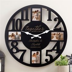 a clock that has photos on it with the words together and four different pictures inside