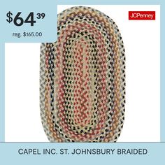 Reversible and durable, Capel braids are a hallmark of American tradition.Features: Reversible, Stain Resistant, Mildew ResistantShape: OvalUse: IndoorMeasurements: 30 Length/Inches, 20 Width/InchesBase Material: 95% Wool, 5% Other 5% Or LessCare: Spot CleanDecor Styles: TraditionalCountry of Origin: Made in US Oval Rugs, Rugs Floor, Rug Stain, Accent Rugs, Floor Coverings, Floor Rugs, Hallmark, Braids, Stain