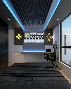 a room with a bed, desk and chair in it that has neon lights on the ceiling