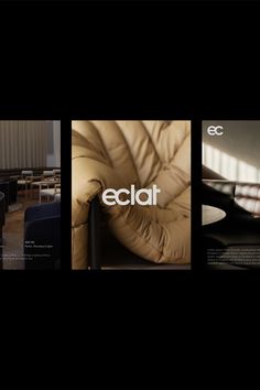 three different images with the word eclat in white and black on them, along with an image of a person sitting at a table