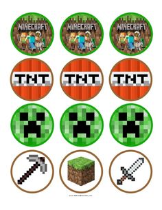 the minecraft cupcake toppers are shown in green and orange colors, with different designs on them