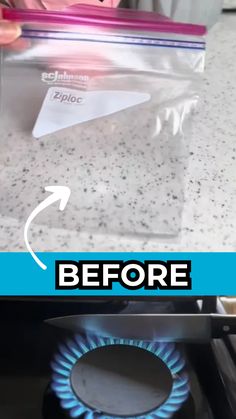 a stove top with the words before and after it is being used to cook food