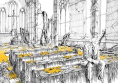 a drawing of a man sitting on top of a bench in a church filled with yellow flowers