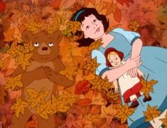 an animated image of a woman holding a child in the leaves with a bear behind her