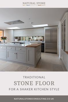 an image of a kitchen with stone flooring and stainless steel stove top ovens