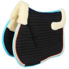 a close up of a black and blue horse saddle pad with white fur on it