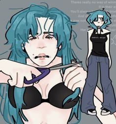 a woman with blue hair is holding scissors