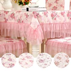 the table is covered with pink flowers and ruffles