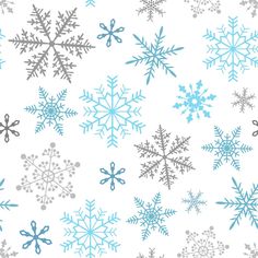 snowflakes on a white background with blue and gray colors, all in different sizes